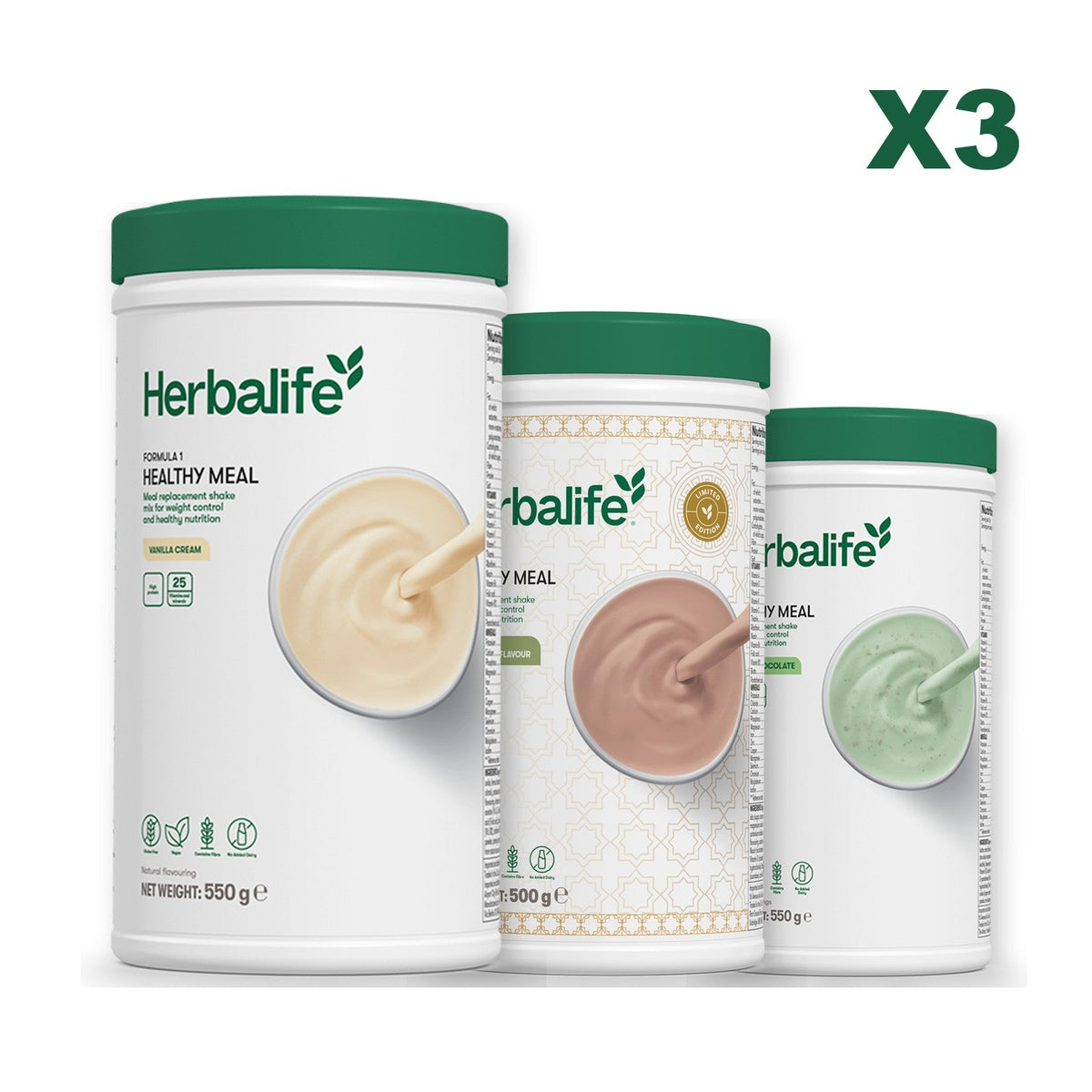 Three Formula 1 shake tubs led by Vanilla Cream, plus two flavours you choose, Dubai Style Chocolate / Mint Chocolate