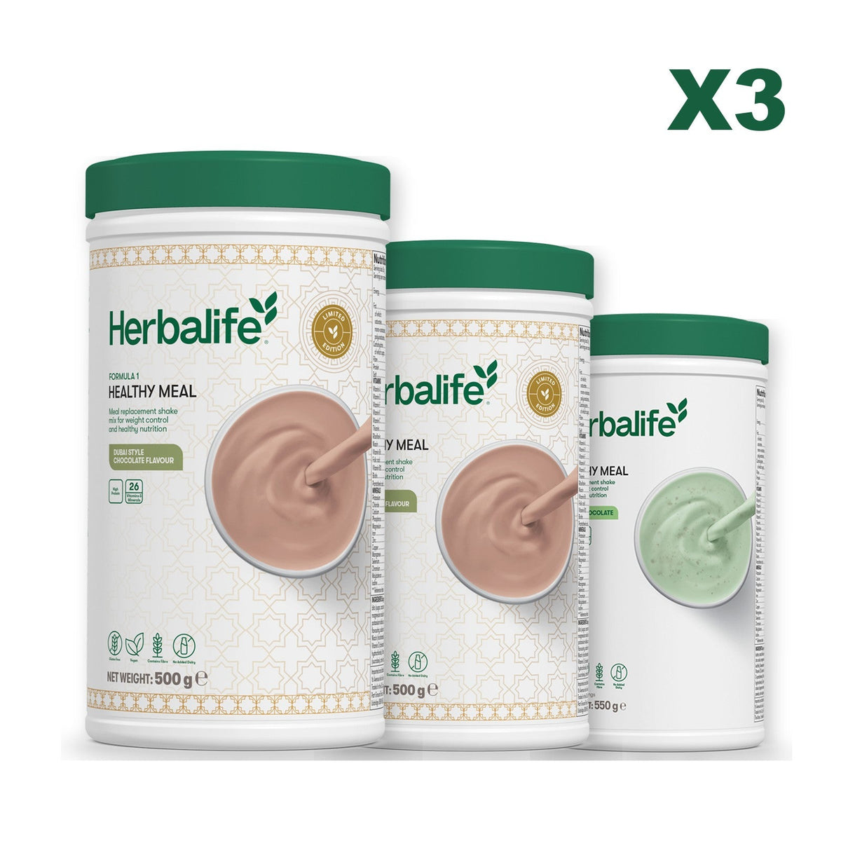 Formula 1 Dubai Style Chocolate meal shake tub shown with two further Formula 1 tubs, Dubai Style Chocolate / Mint Chocolate