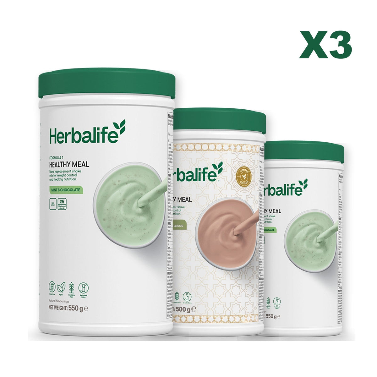 Three Formula 1 shake tubs led by Mint Chocolate, plus two flavours you choose, Dubai Style Chocolate / Mint Chocolate