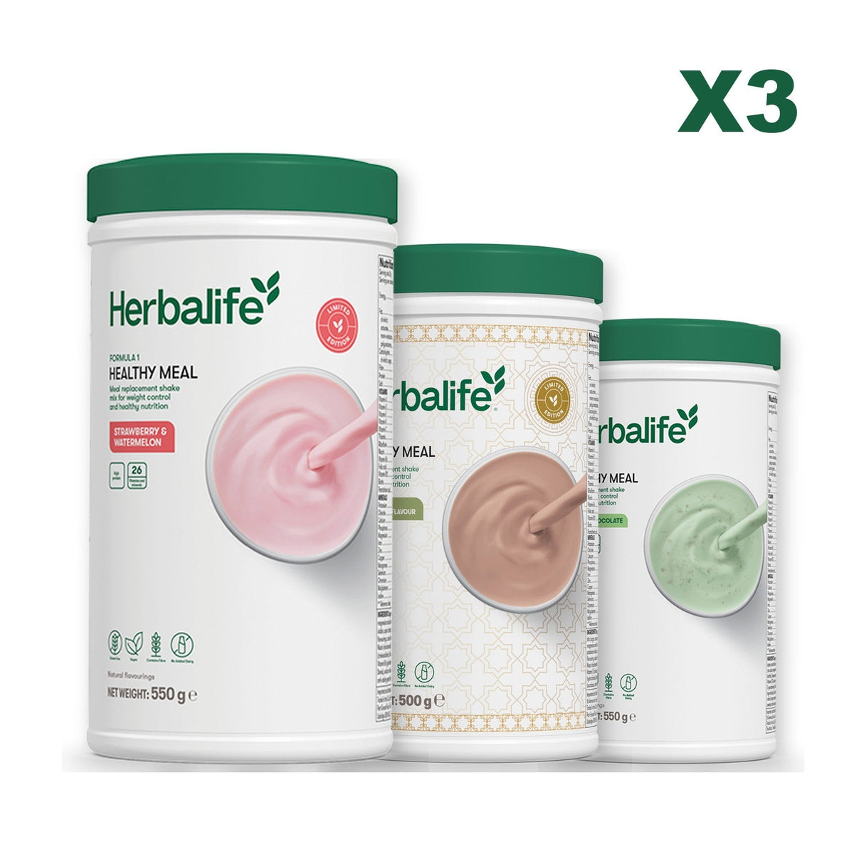 Formula 1 Strawberry Watermelon meal shake tub shown with two further Formula 1 tubs, Dubai Style Chocolate / Mint Chocolate