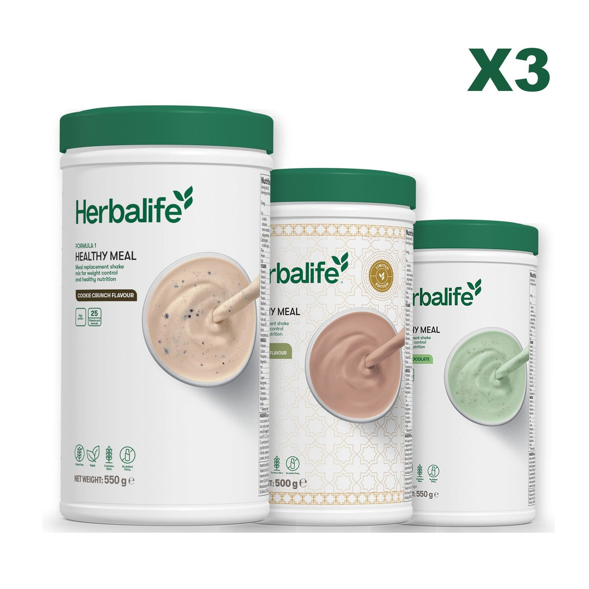 Three Formula 1 shake tubs led by Cookie Crunch, plus two flavours you choose, Dubai Style Chocolate / Mint Chocolate