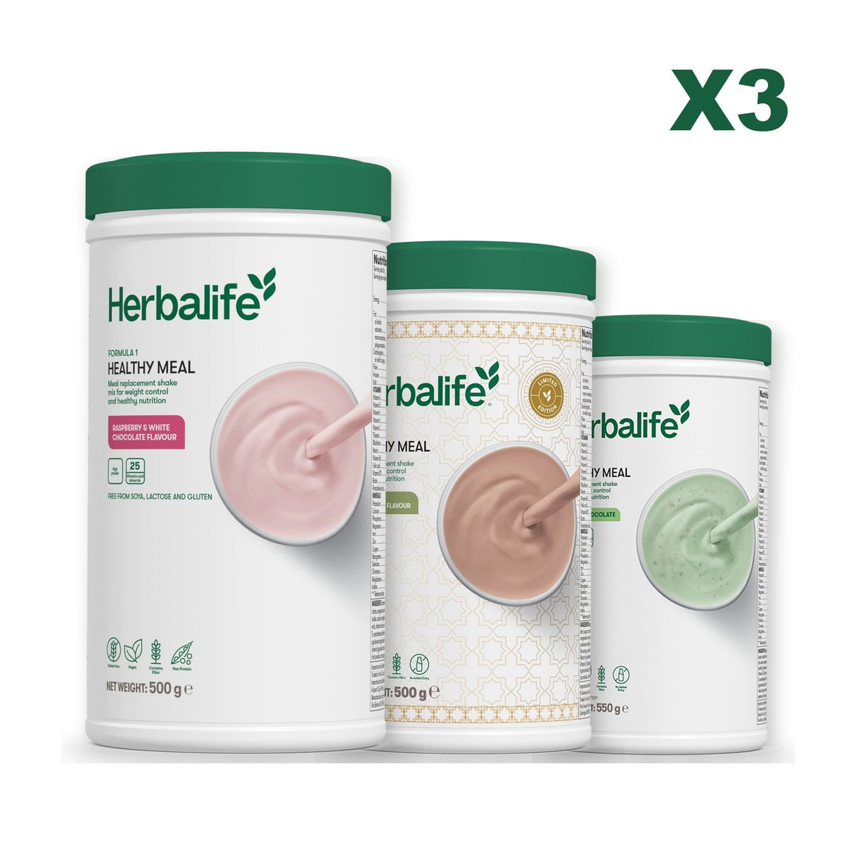 Three Formula 1 shake tubs led by Free From Raspberry and White Chocolate, plus two flavours you choose, Dubai Style Chocolate / Mint Chocolate