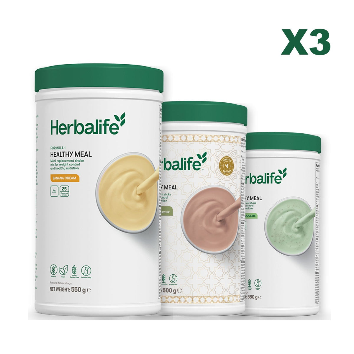 Three Formula 1 shake tubs led by Banana Cream, plus two flavours you choose, Dubai Style Chocolate / Mint Chocolate