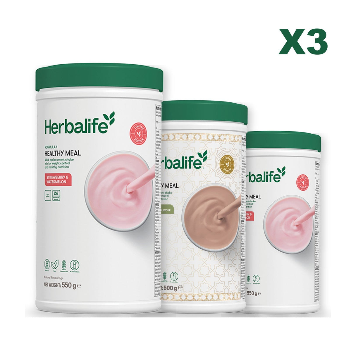 Formula 1 Strawberry Watermelon meal shake tub shown with two further Formula 1 tubs, Dubai Style Chocolate / Strawberry Watermelon