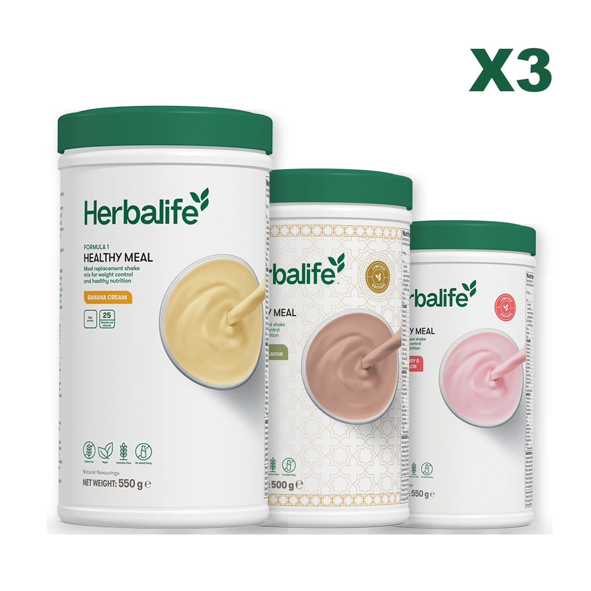 Three Formula 1 shake tubs led by Banana Cream, plus two flavours you choose, Dubai Style Chocolate / Strawberry Watermelon