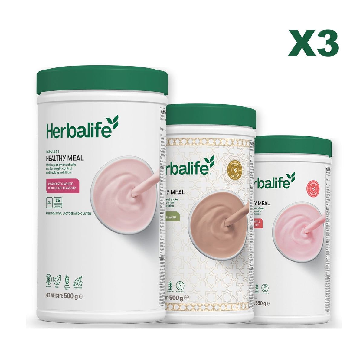 Three Formula 1 shake tubs led by Free From Raspberry and White Chocolate, plus two flavours you choose, Dubai Style Chocolate / Strawberry Watermelon