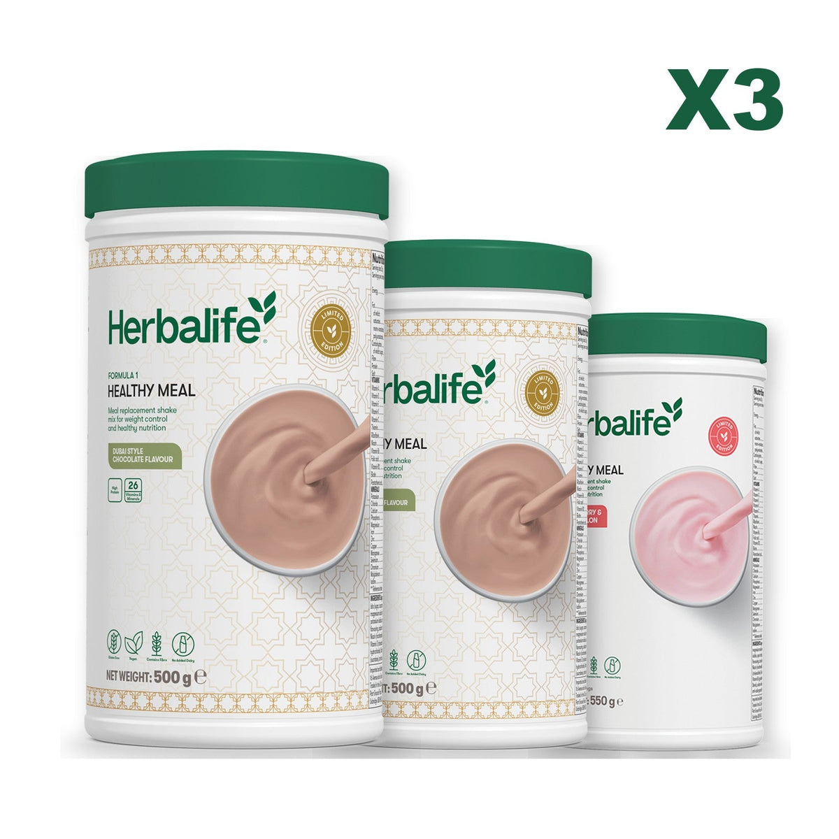 Formula 1 Dubai Style Chocolate meal shake tub shown with two further Formula 1 tubs, Dubai Style Chocolate / Strawberry Watermelon