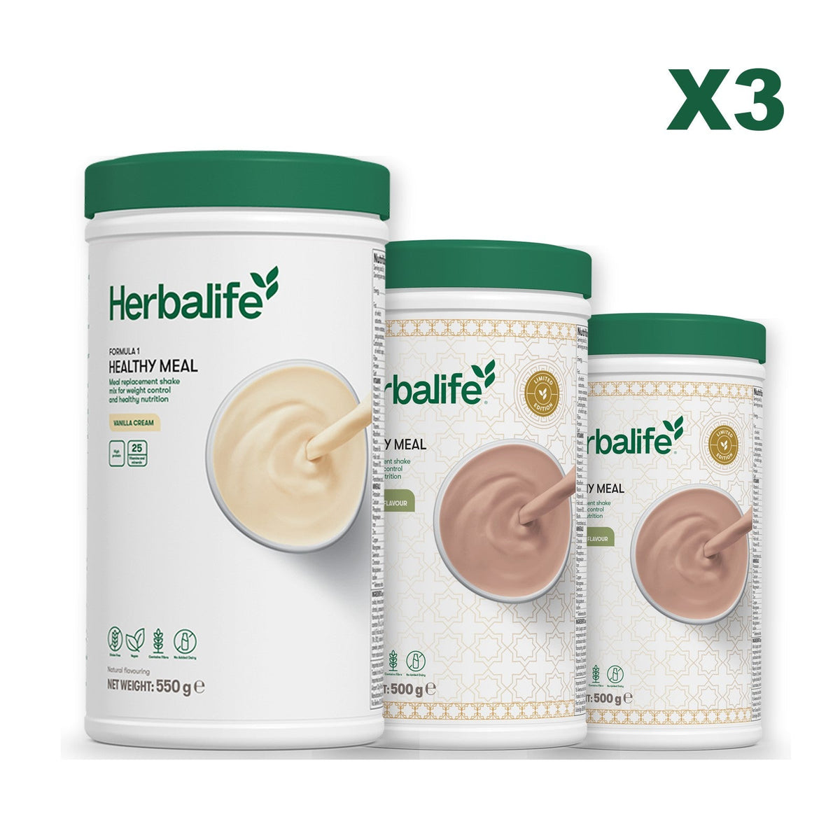 Three Formula 1 shake tubs led by Vanilla Cream, plus two flavours you choose, Dubai Style Chocolate / Dubai Style Chocolate