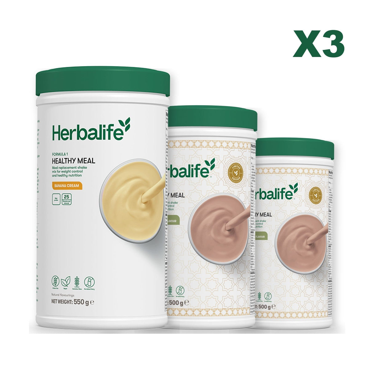 Three Formula 1 shake tubs led by Banana Cream, plus two flavours you choose, Dubai Style Chocolate / Dubai Style Chocolate