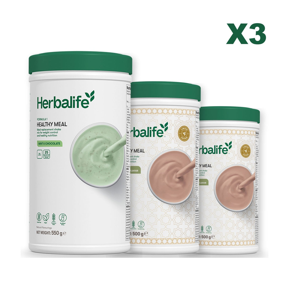 Three Formula 1 shake tubs led by Mint Chocolate, plus two flavours you choose, Dubai Style Chocolate / Dubai Style Chocolate