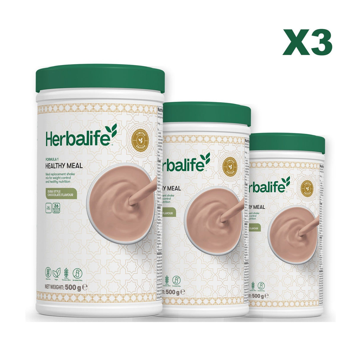 Formula 1 Dubai Style Chocolate meal shake tub shown with two further Formula 1 tubs, Dubai Style Chocolate / Dubai Style Chocolate