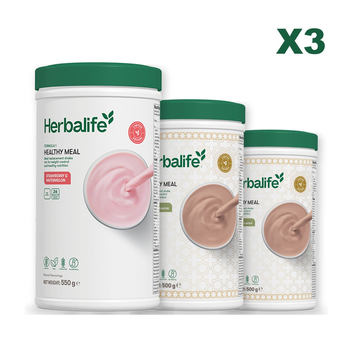 Formula 1 Strawberry Watermelon meal shake tub shown with two further Formula 1 tubs, Dubai Style Chocolate / Dubai Style Chocolate
