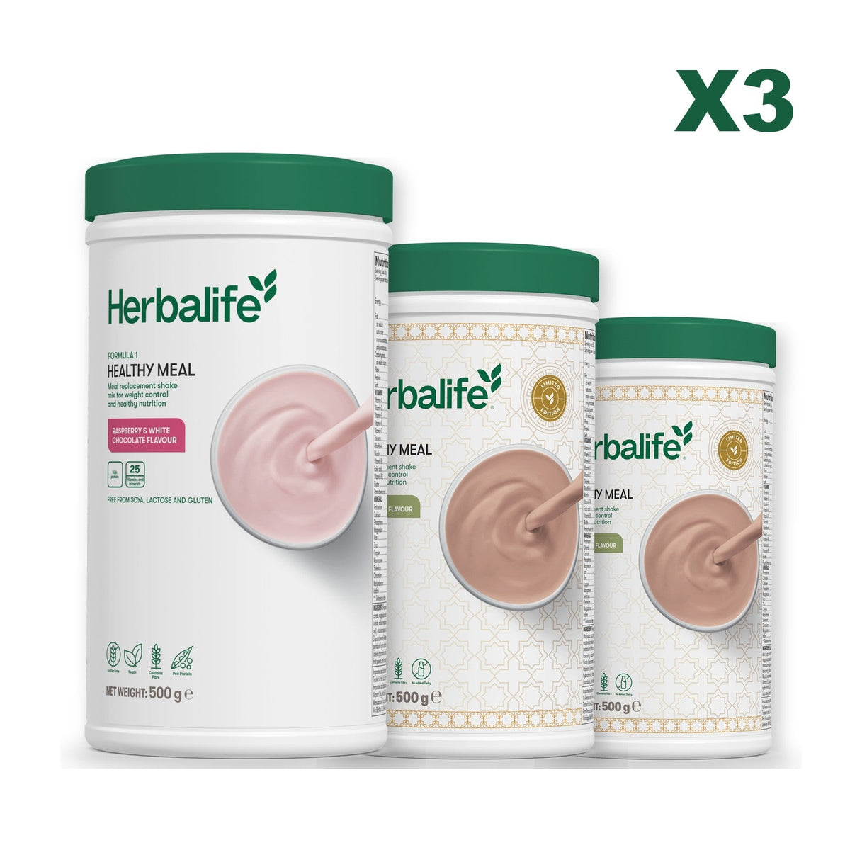 Three Formula 1 shake tubs led by Free From Raspberry and White Chocolate, plus two flavours you choose, Dubai Style Chocolate / Dubai Style Chocolate
