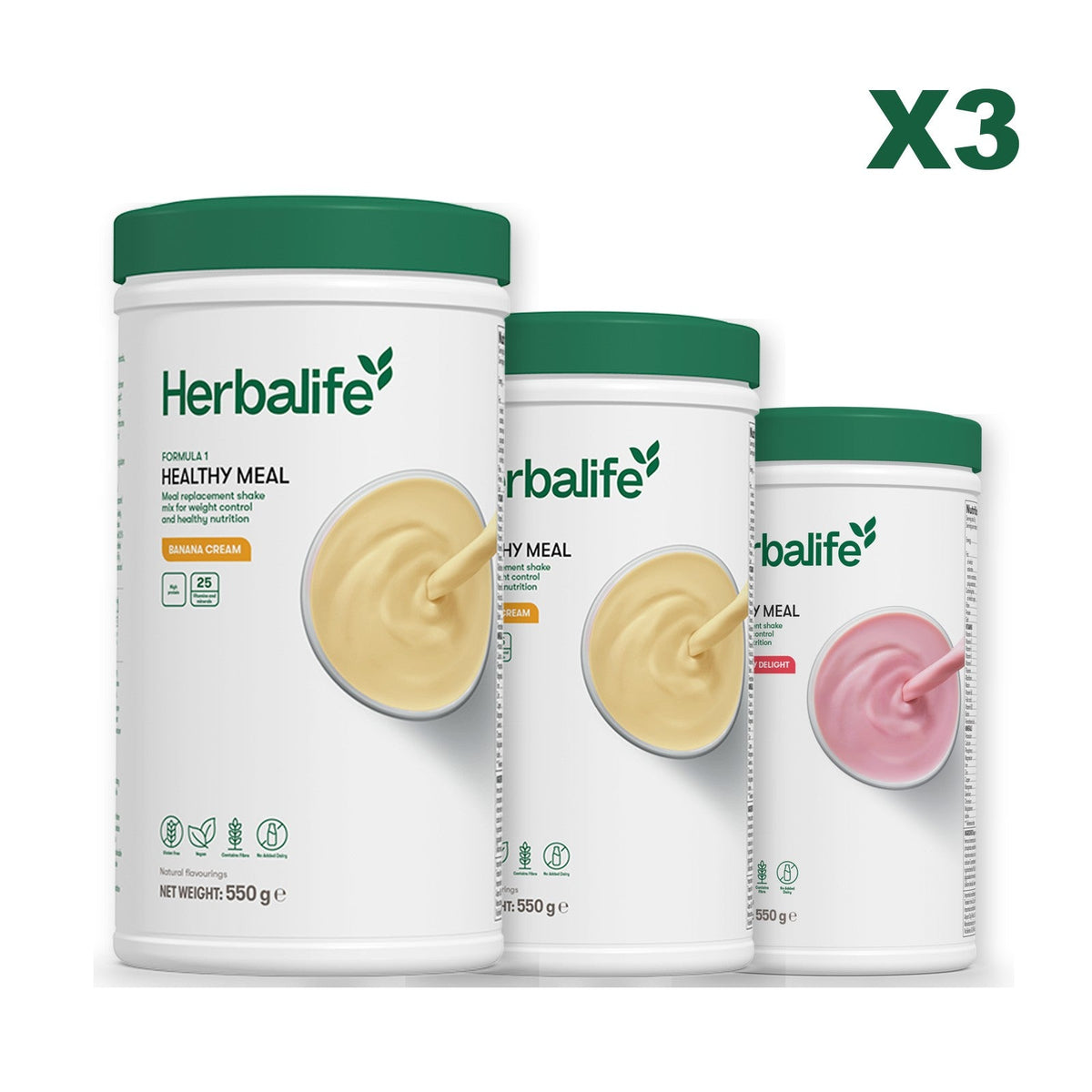 Three Formula 1 shake tubs led by Banana Cream, plus two flavours you choose, Banana Cream / Strawberry