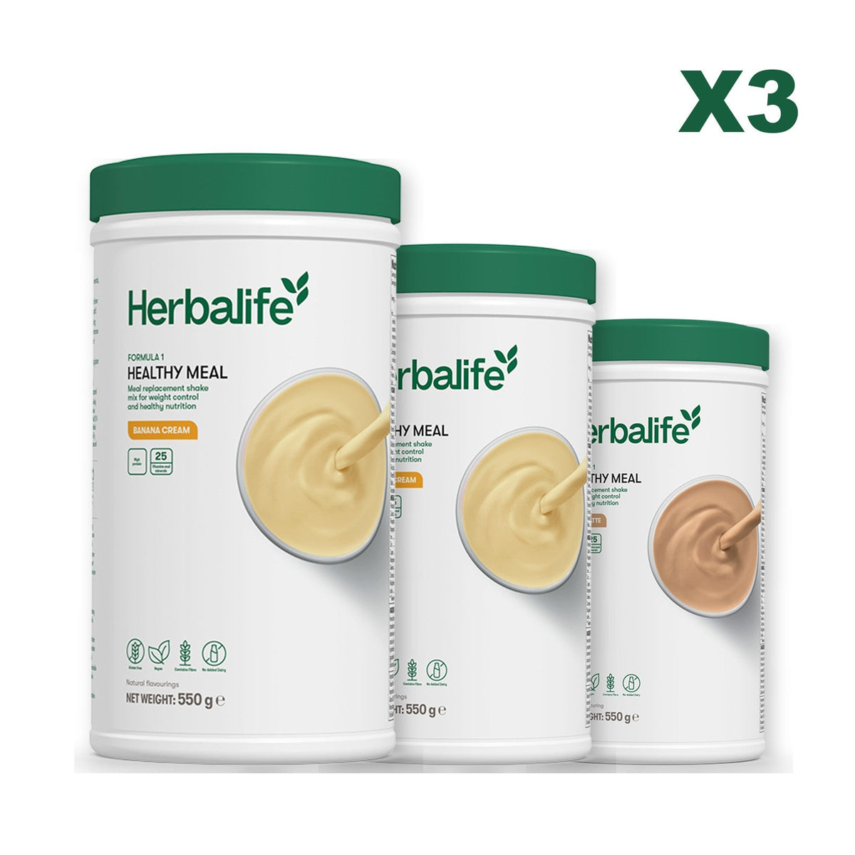 Three Formula 1 shake tubs led by Banana Cream, plus two flavours you choose, Banana Cream / Cafe Latte