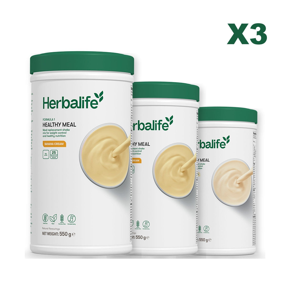 Three Formula 1 shake tubs led by Banana Cream, plus two flavours you choose, Banana Cream / Vanilla
