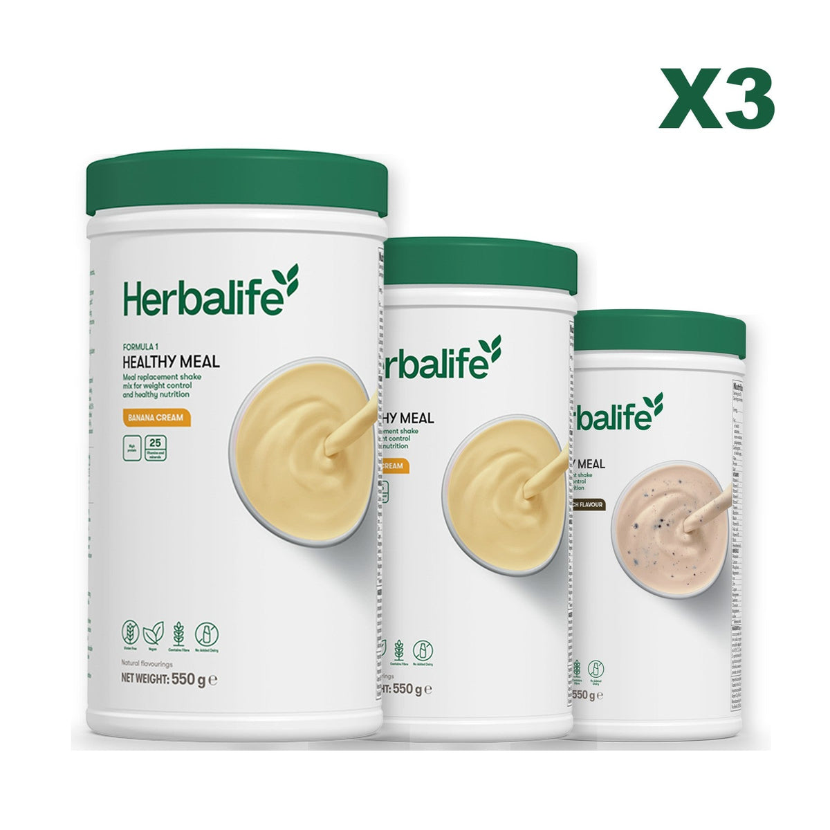 Three Formula 1 shake tubs led by Banana Cream, plus two flavours you choose, Banana Cream / Cookie Crunch
