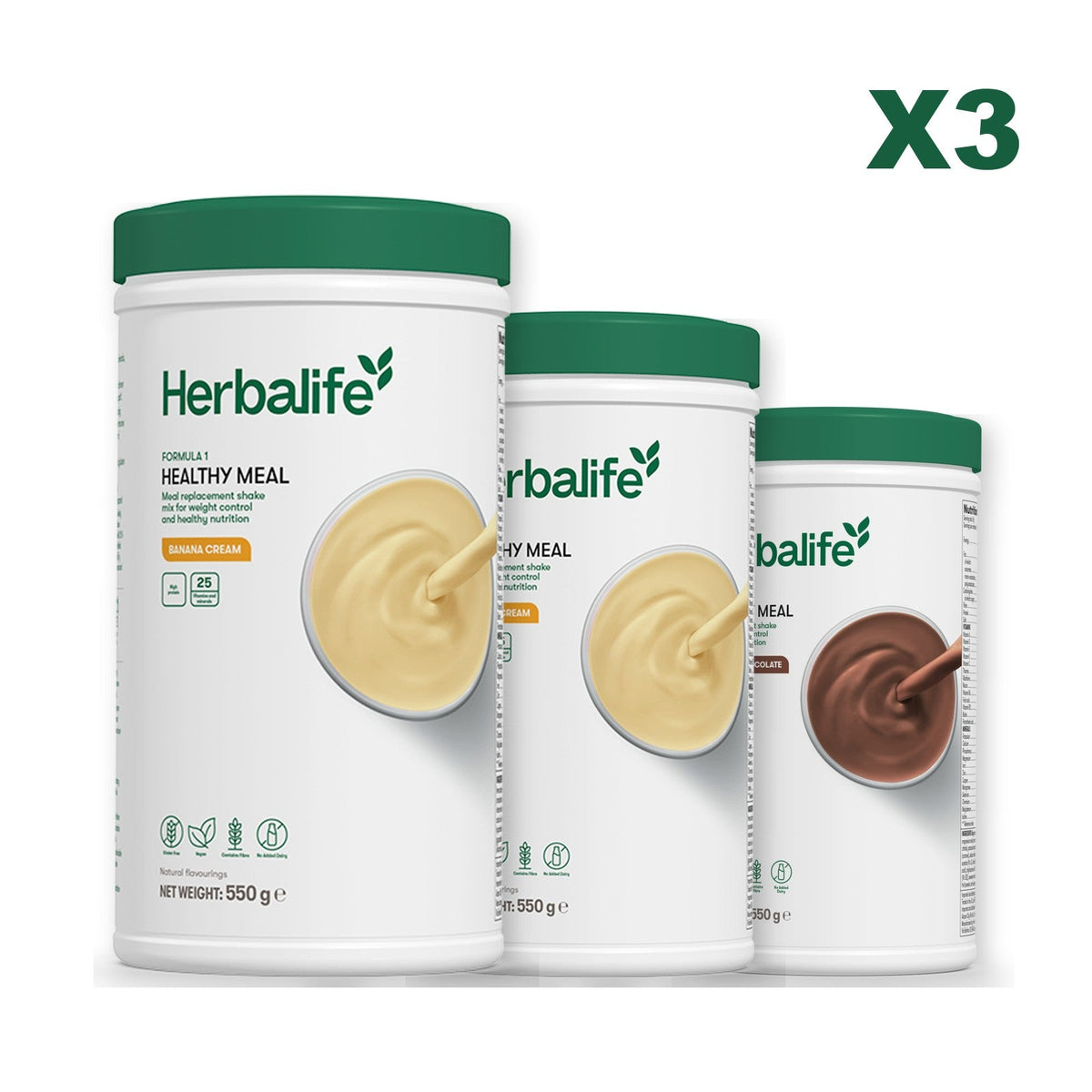 Three Formula 1 shake tubs led by Banana Cream, plus two flavours you choose, Banana Cream / Chocolate