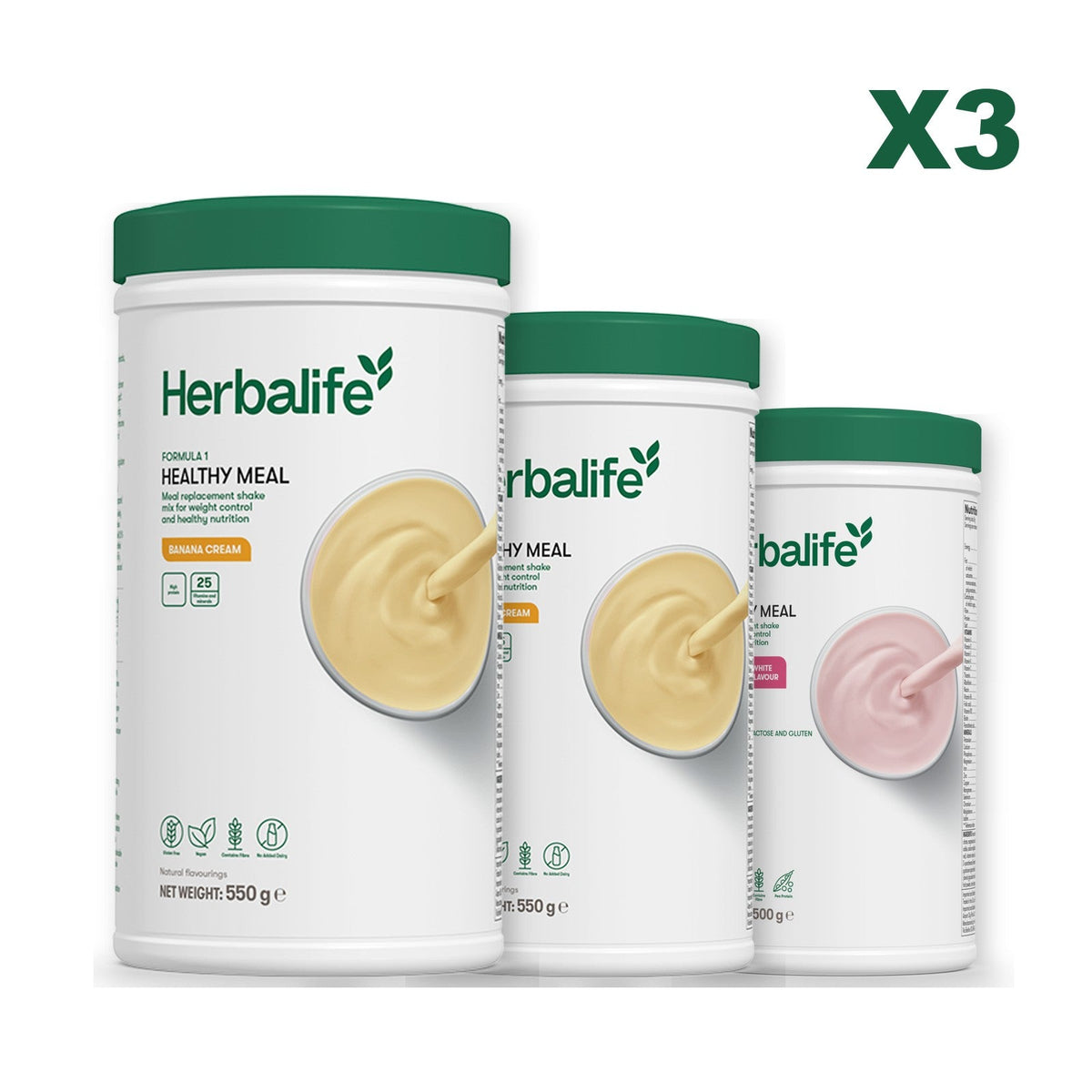 Three Formula 1 shake tubs led by Banana Cream, plus two flavours you choose, Banana Cream / Free From Raspberry & White Chocolate