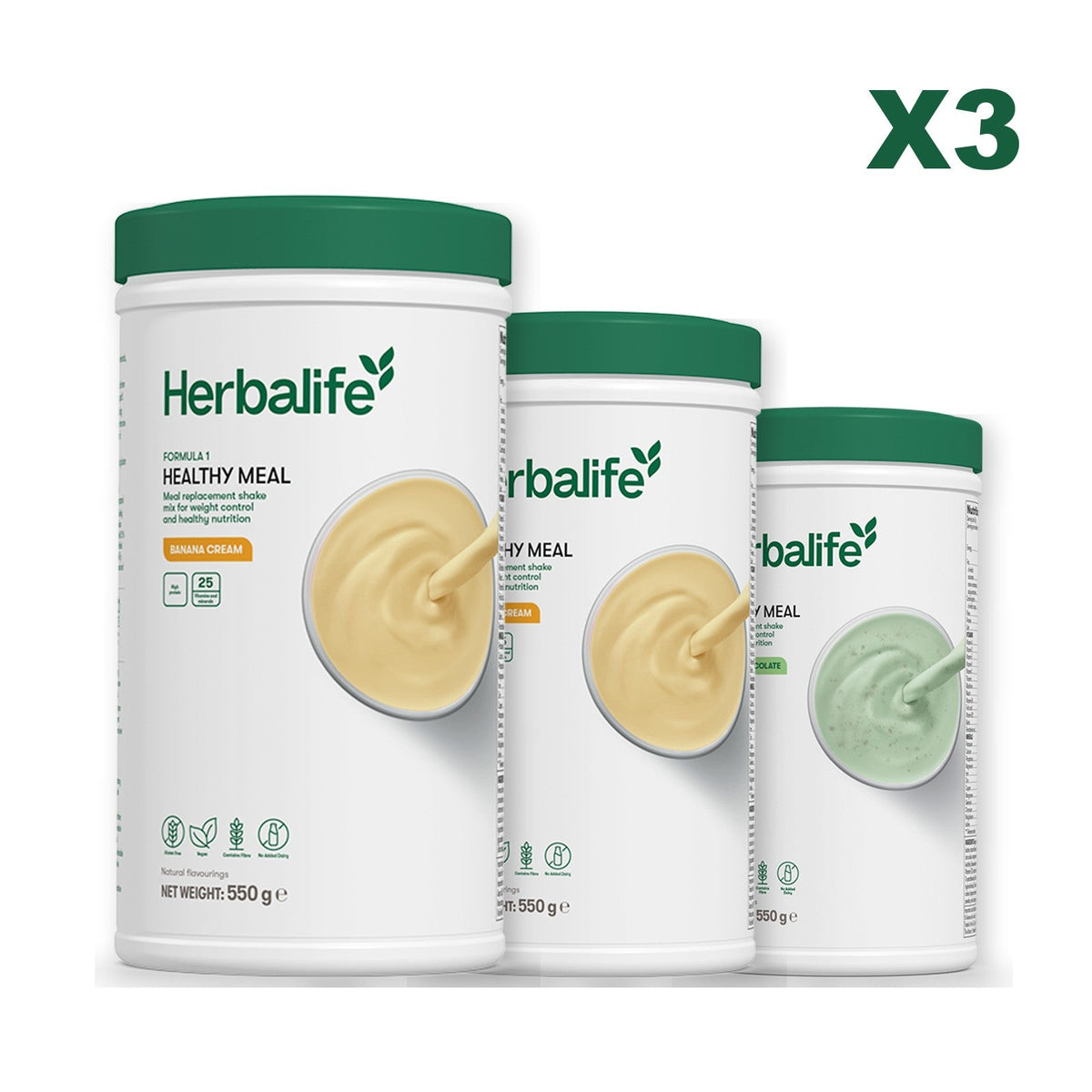 Three Formula 1 shake tubs led by Banana Cream, plus two flavours you choose, Banana Cream / Mint Chocolate