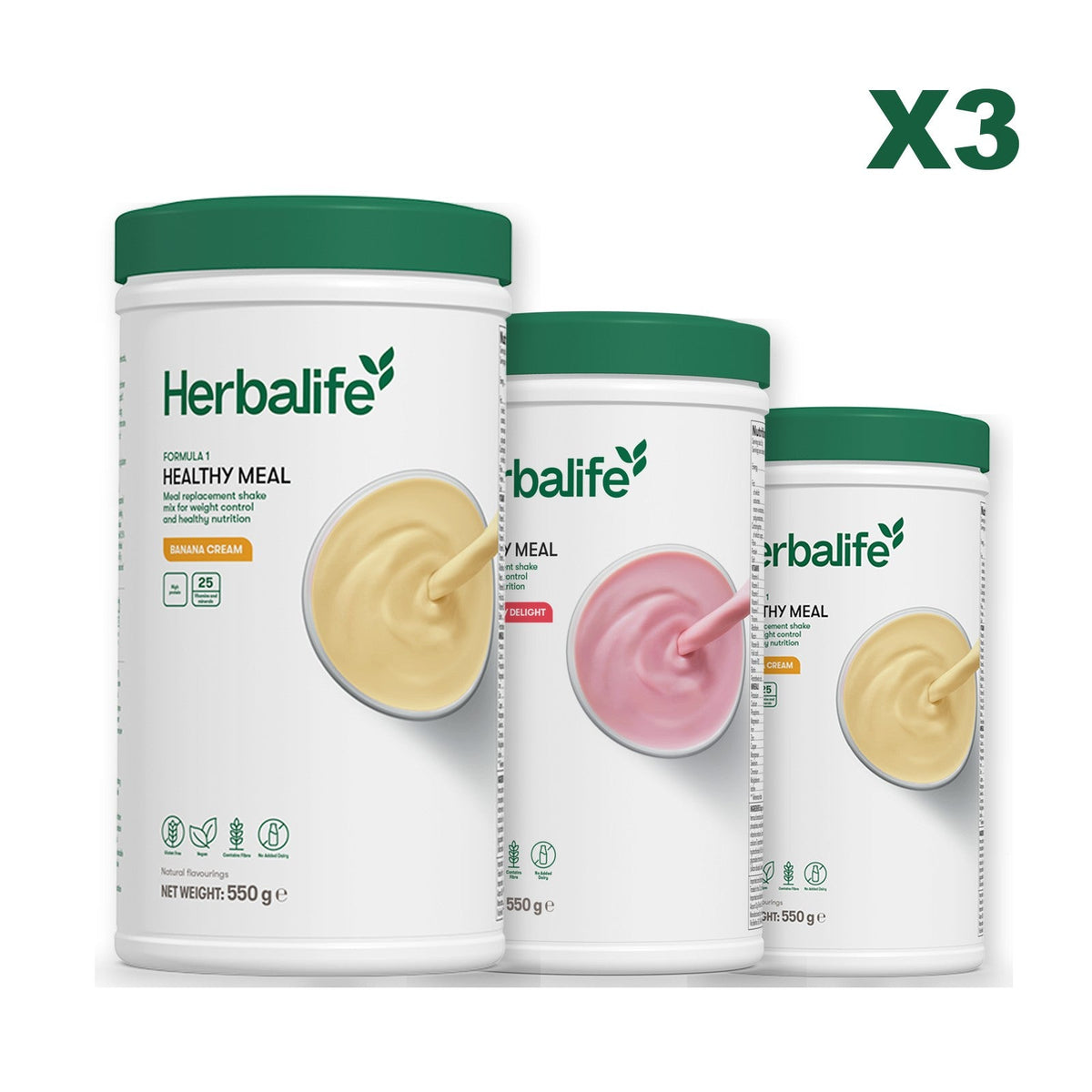 Three Formula 1 shake tubs led by Banana Cream, plus two flavours you choose, Strawberry / Banana Cream