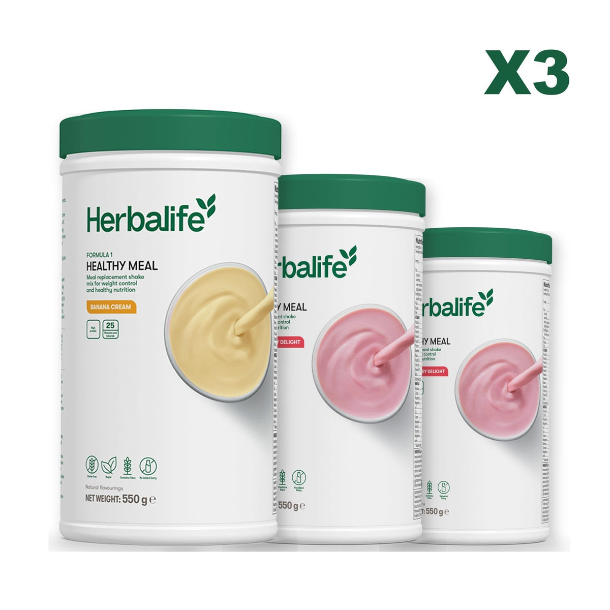 Three Formula 1 shake tubs led by Banana Cream, plus two flavours you choose, Strawberry / Strawberry