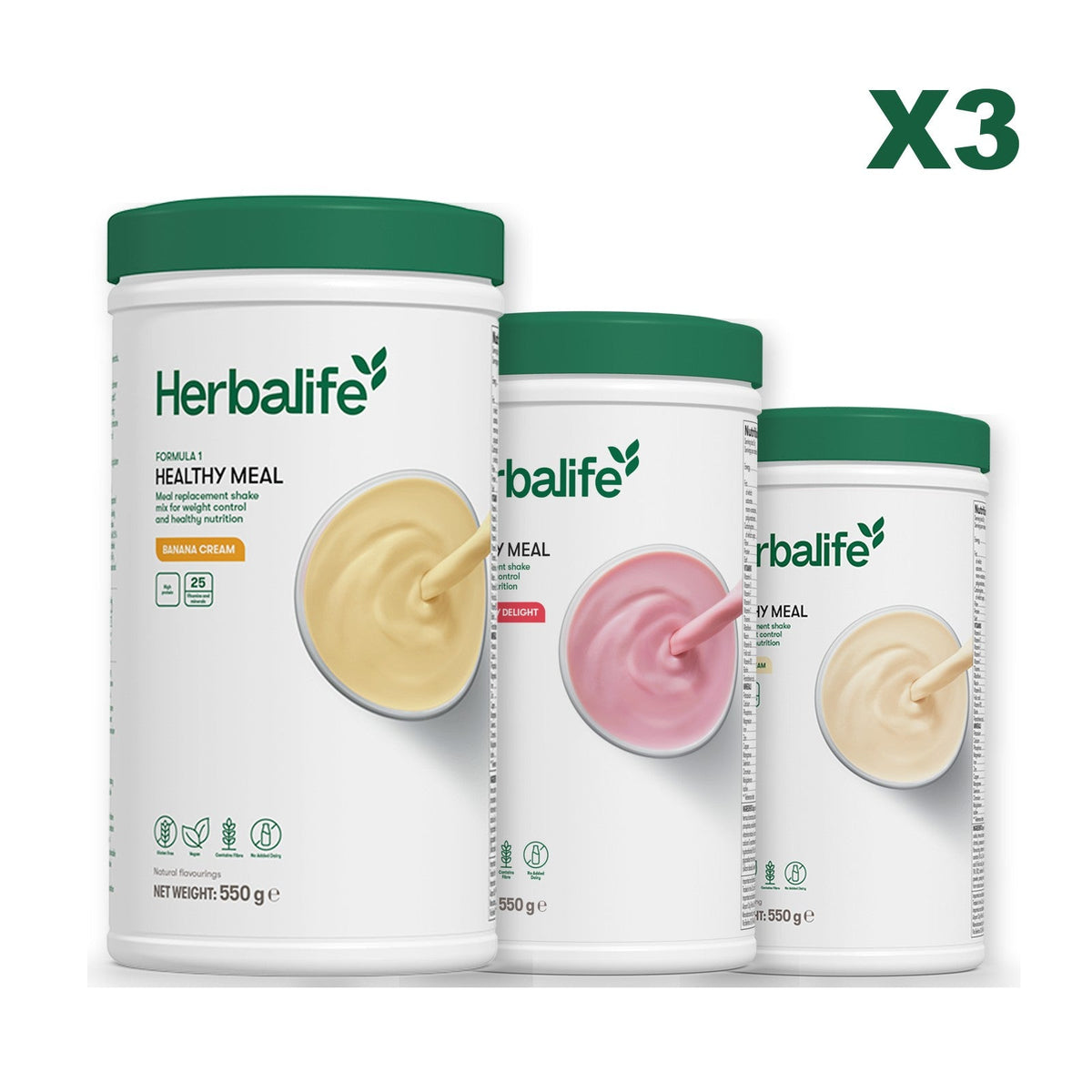Three Formula 1 shake tubs led by Banana Cream, plus two flavours you choose, Strawberry / Vanilla