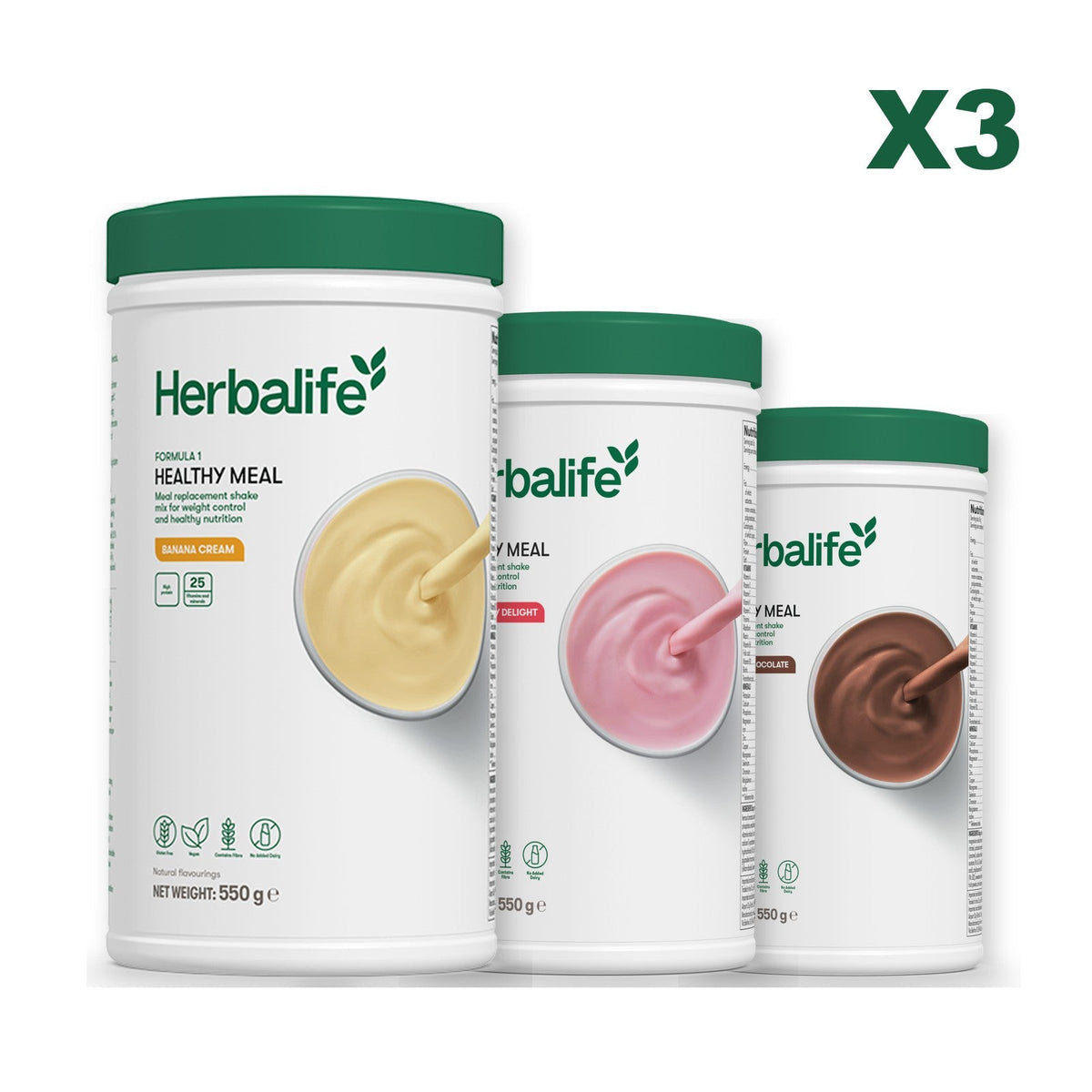 Three Formula 1 shake tubs led by Banana Cream, plus two flavours you choose, Strawberry / Chocolate