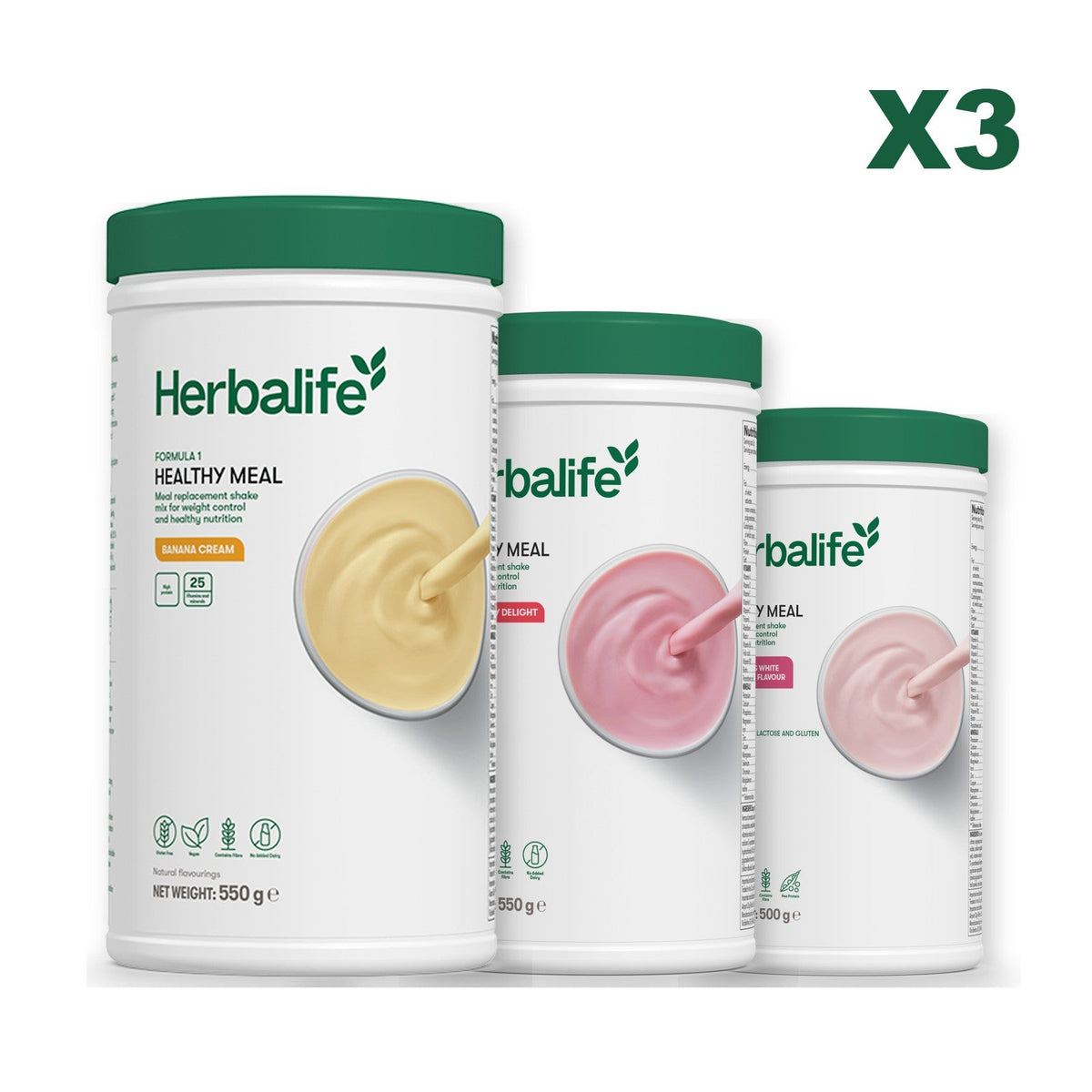 Three Formula 1 shake tubs led by Banana Cream, plus two flavours you choose, Strawberry / Free From Raspberry & White Chocolate