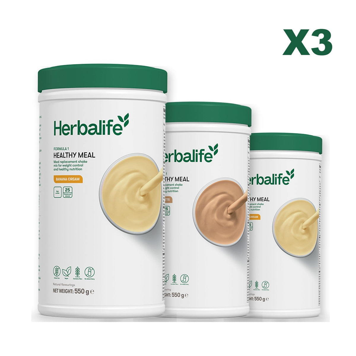 Three Formula 1 shake tubs led by Banana Cream, plus two flavours you choose, Cafe Latte / Banana Cream