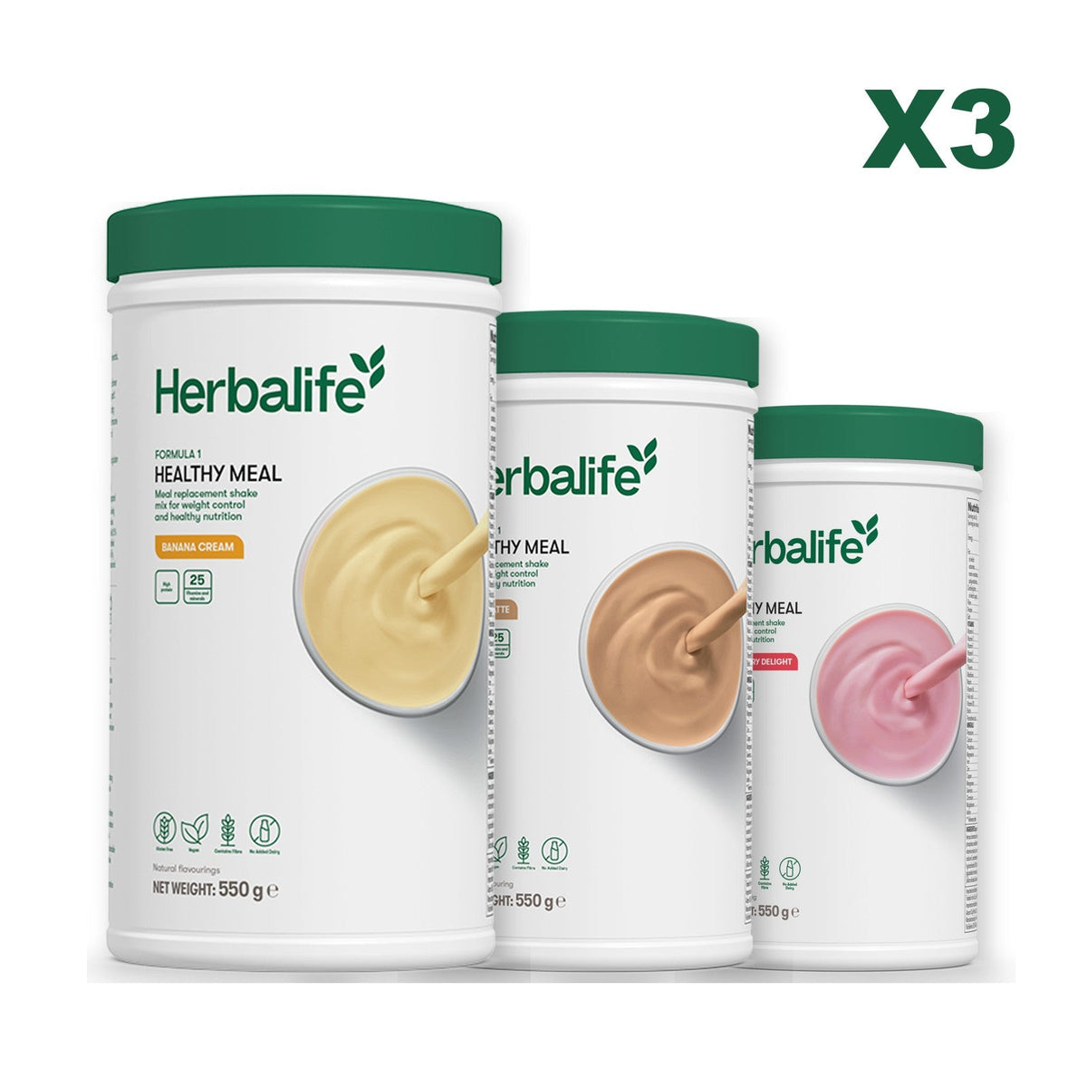 Three Formula 1 shake tubs led by Banana Cream, plus two flavours you choose, Cafe Latte / Strawberry