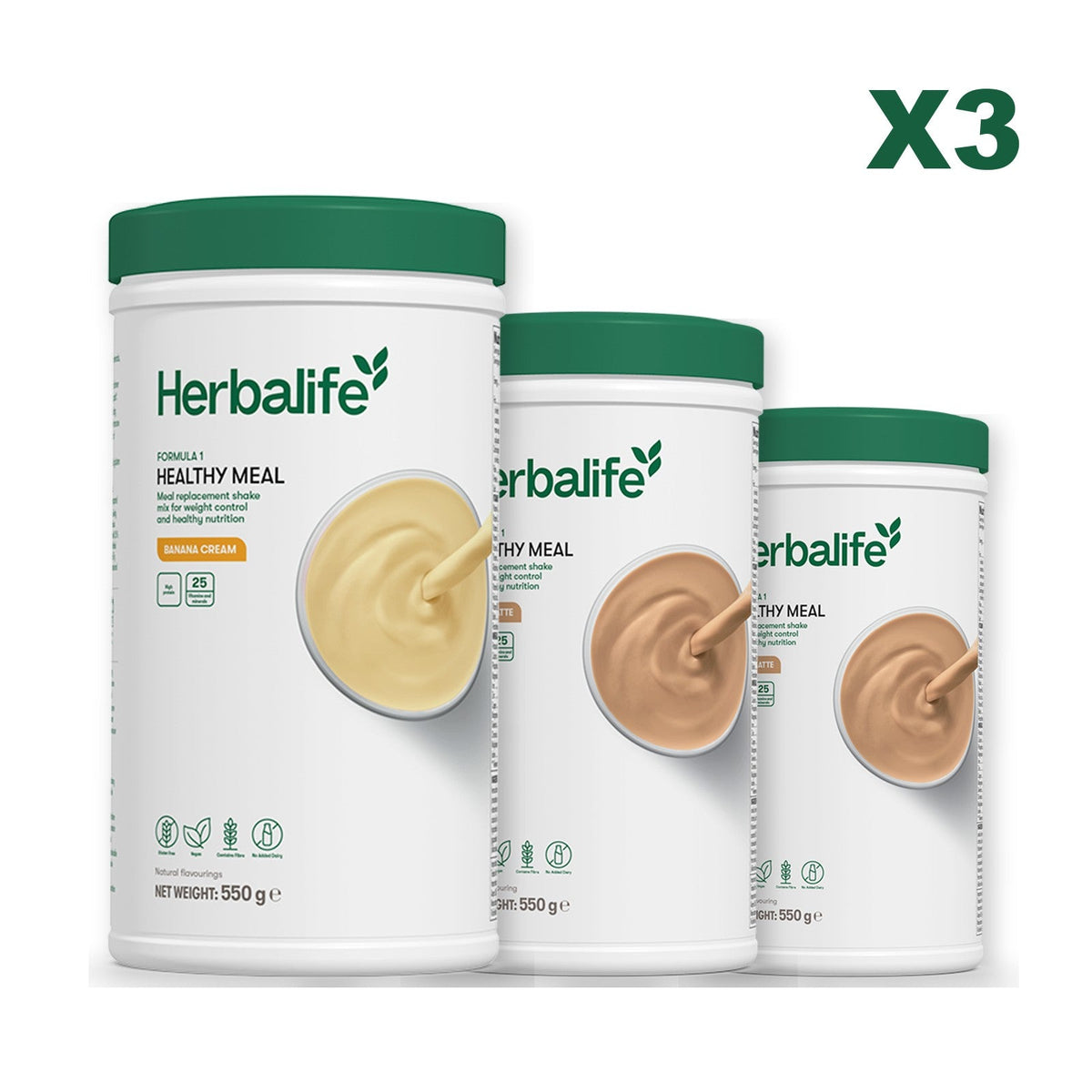 Three Formula 1 shake tubs led by Banana Cream, plus two flavours you choose, Cafe Latte / Cafe Latte