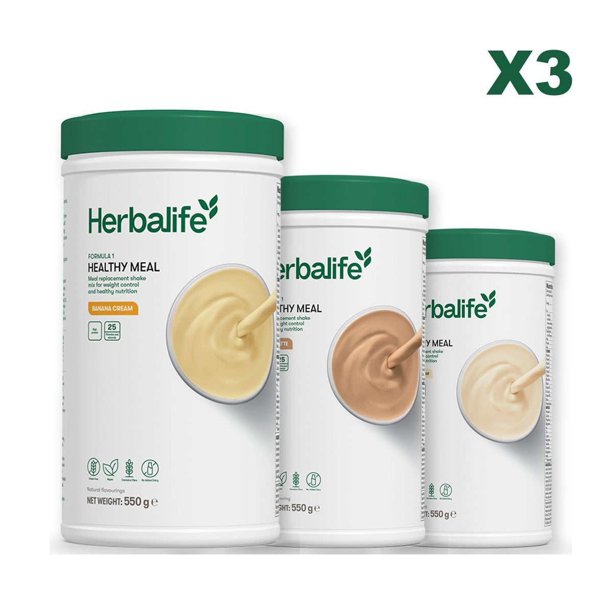 Three Formula 1 shake tubs led by Banana Cream, plus two flavours you choose, Cafe Latte / Vanilla