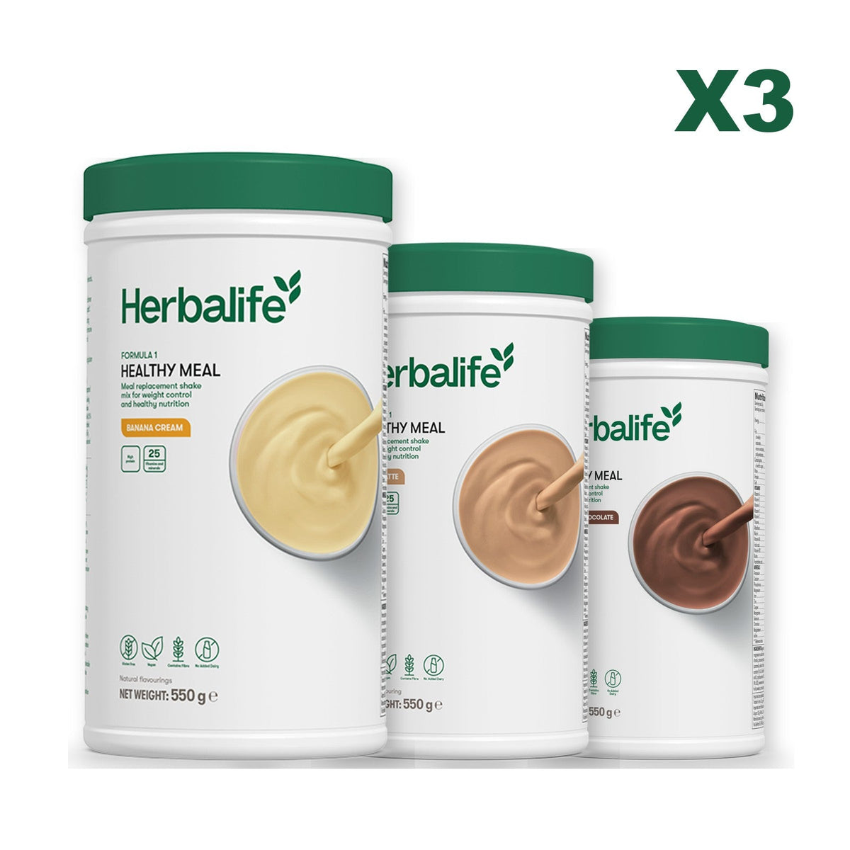 Three Formula 1 shake tubs led by Banana Cream, plus two flavours you choose, Cafe Latte / Chocolate