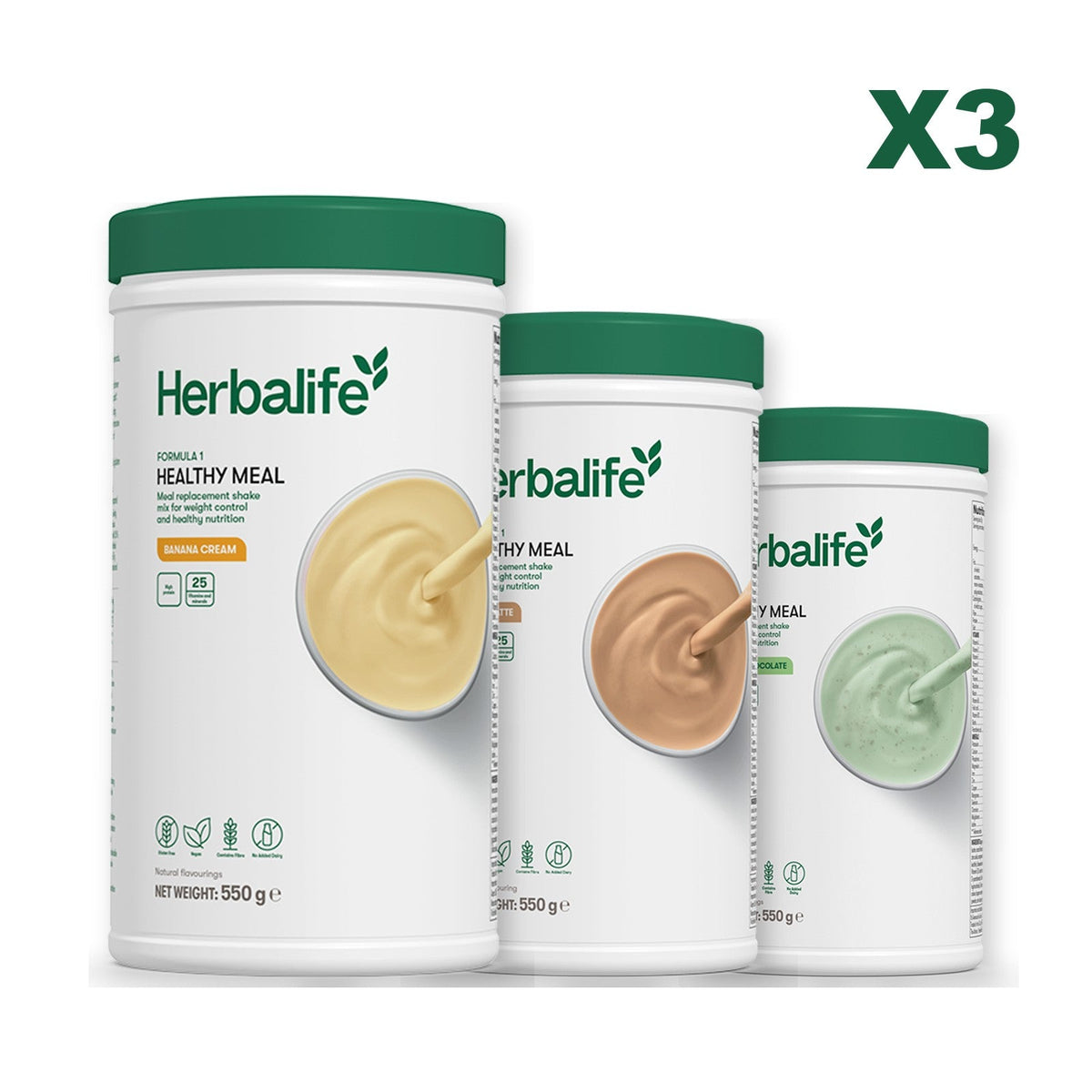 Three Formula 1 shake tubs led by Banana Cream, plus two flavours you choose, Cafe Latte / Mint Chocolate