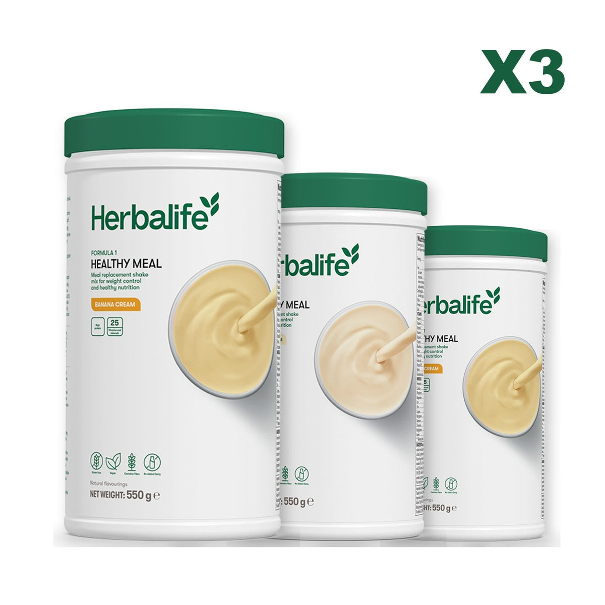 Three Formula 1 shake tubs led by Banana Cream, plus two flavours you choose, Vanilla / Banana Cream