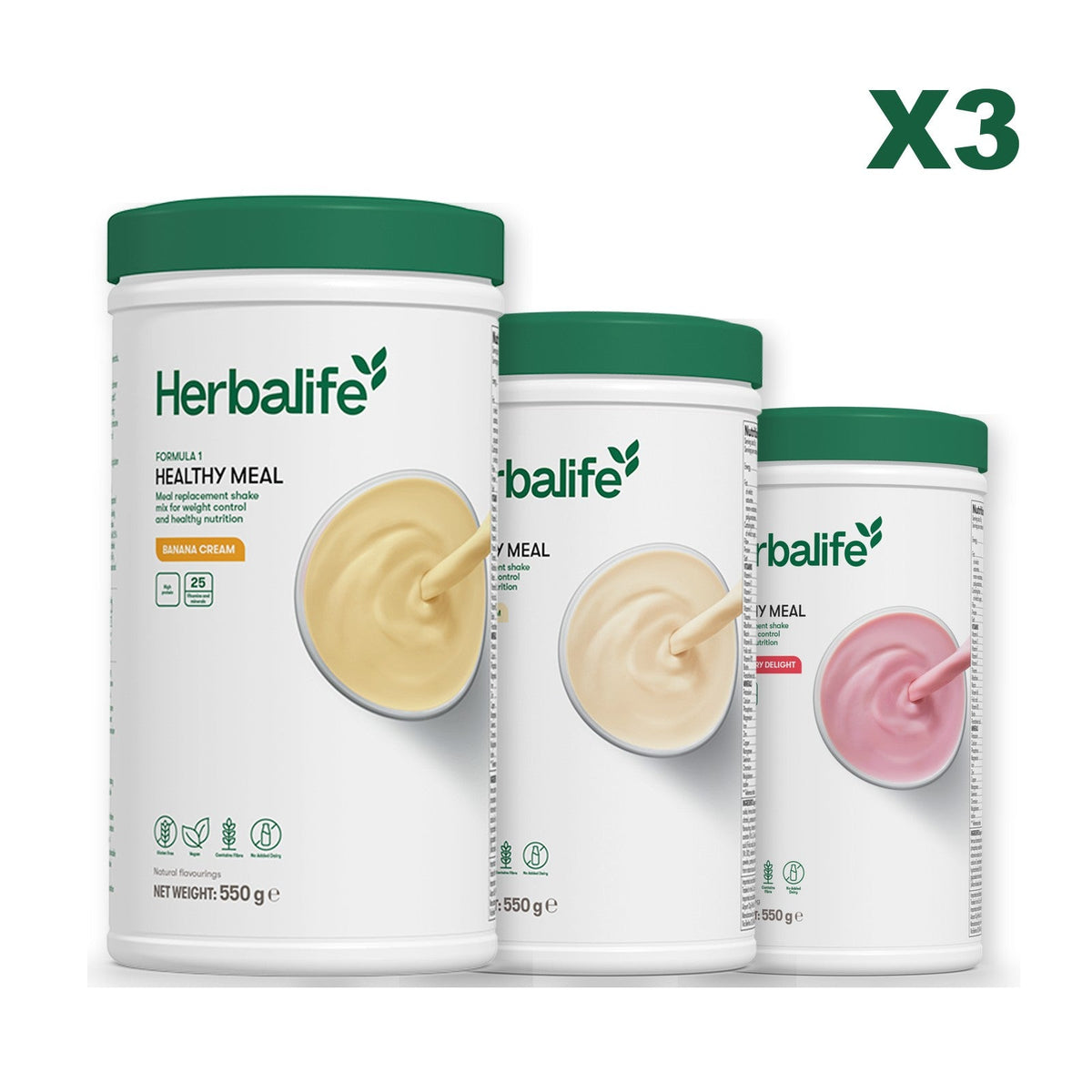Three Formula 1 shake tubs led by Banana Cream, plus two flavours you choose, Vanilla / Strawberry