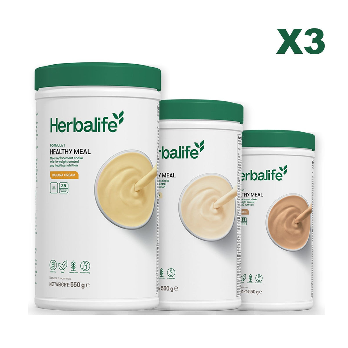 Three Formula 1 shake tubs led by Banana Cream, plus two flavours you choose, Vanilla / Cafe Latte