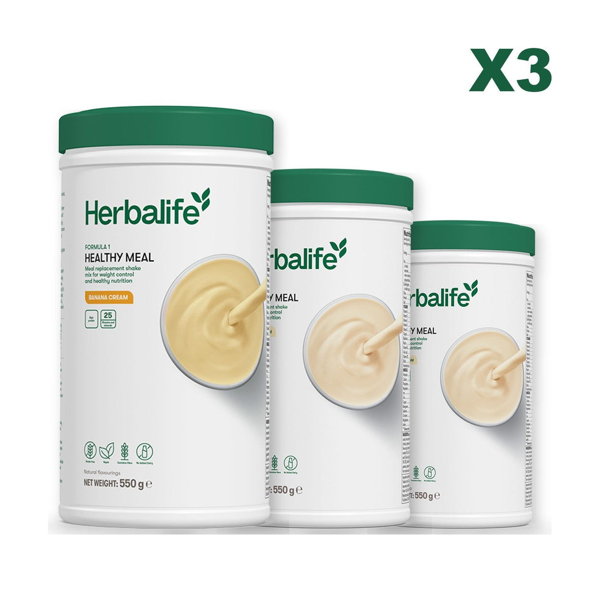 Three Formula 1 shake tubs led by Banana Cream, plus two flavours you choose, Vanilla / Vanilla