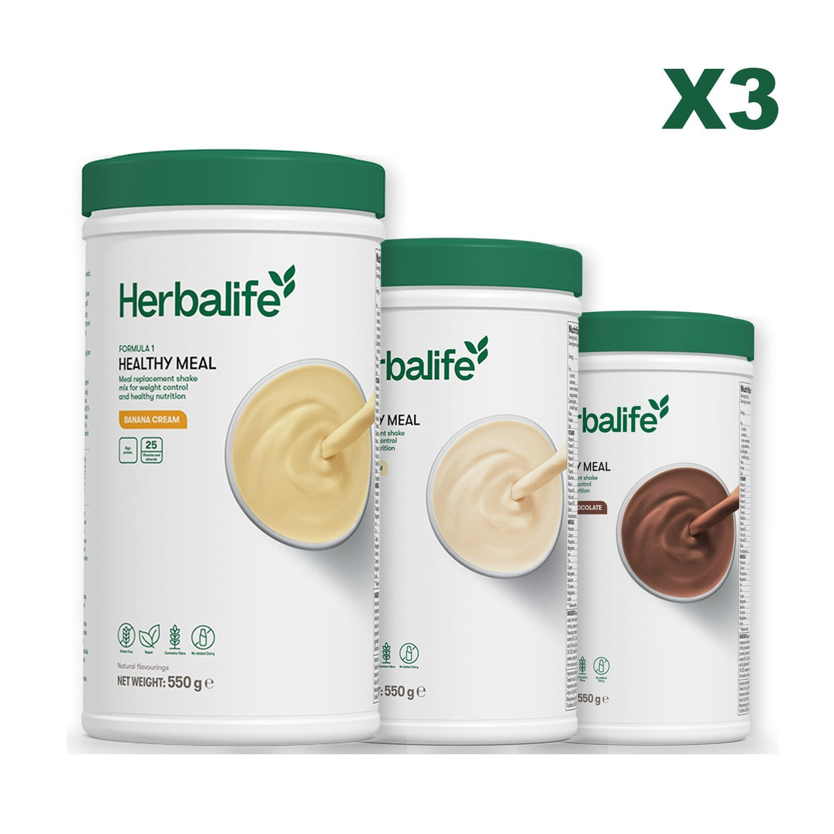Three Formula 1 shake tubs led by Banana Cream, plus two flavours you choose, Vanilla / Chocolate