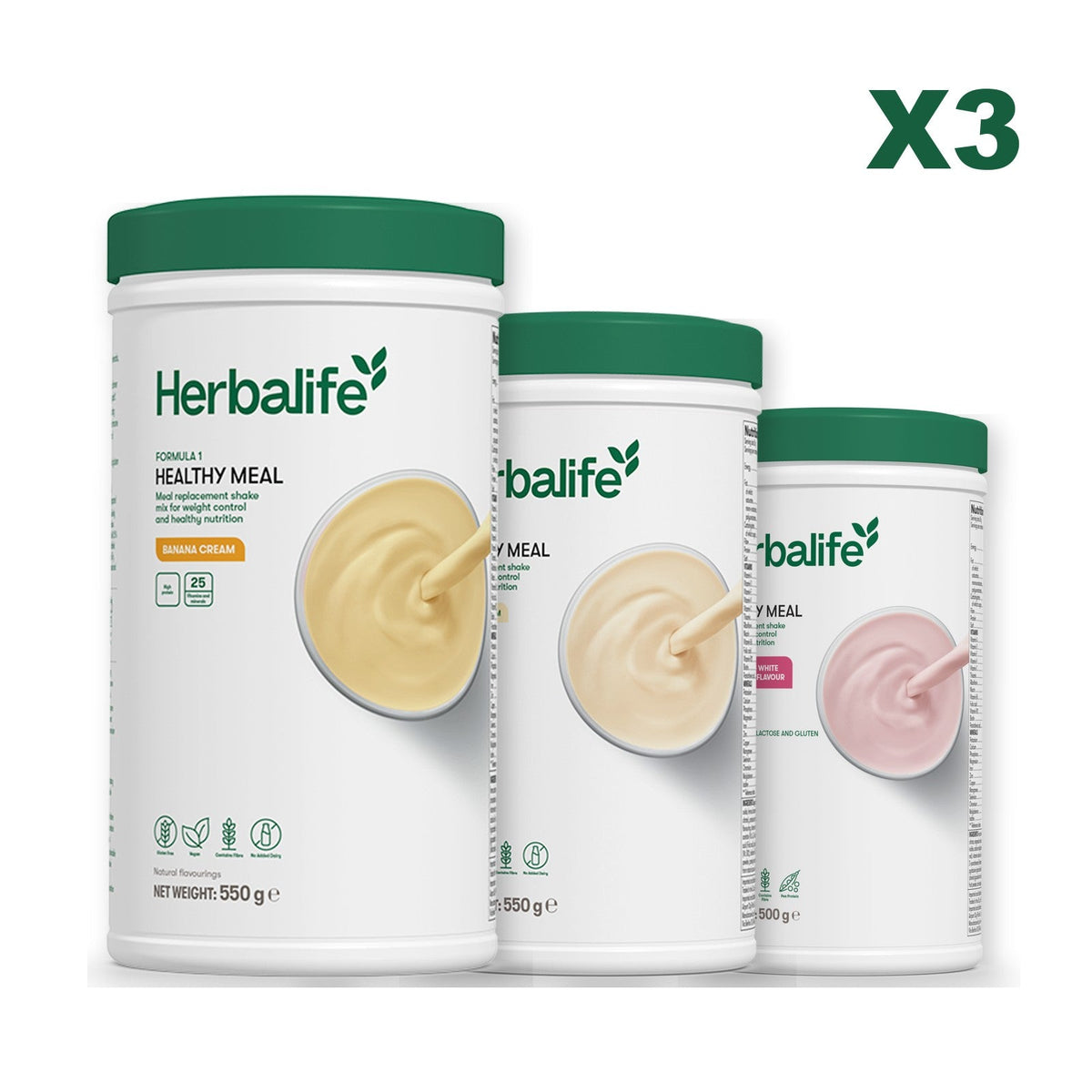 Three Formula 1 shake tubs led by Banana Cream, plus two flavours you choose, Vanilla / Free From Raspberry & White Chocolate
