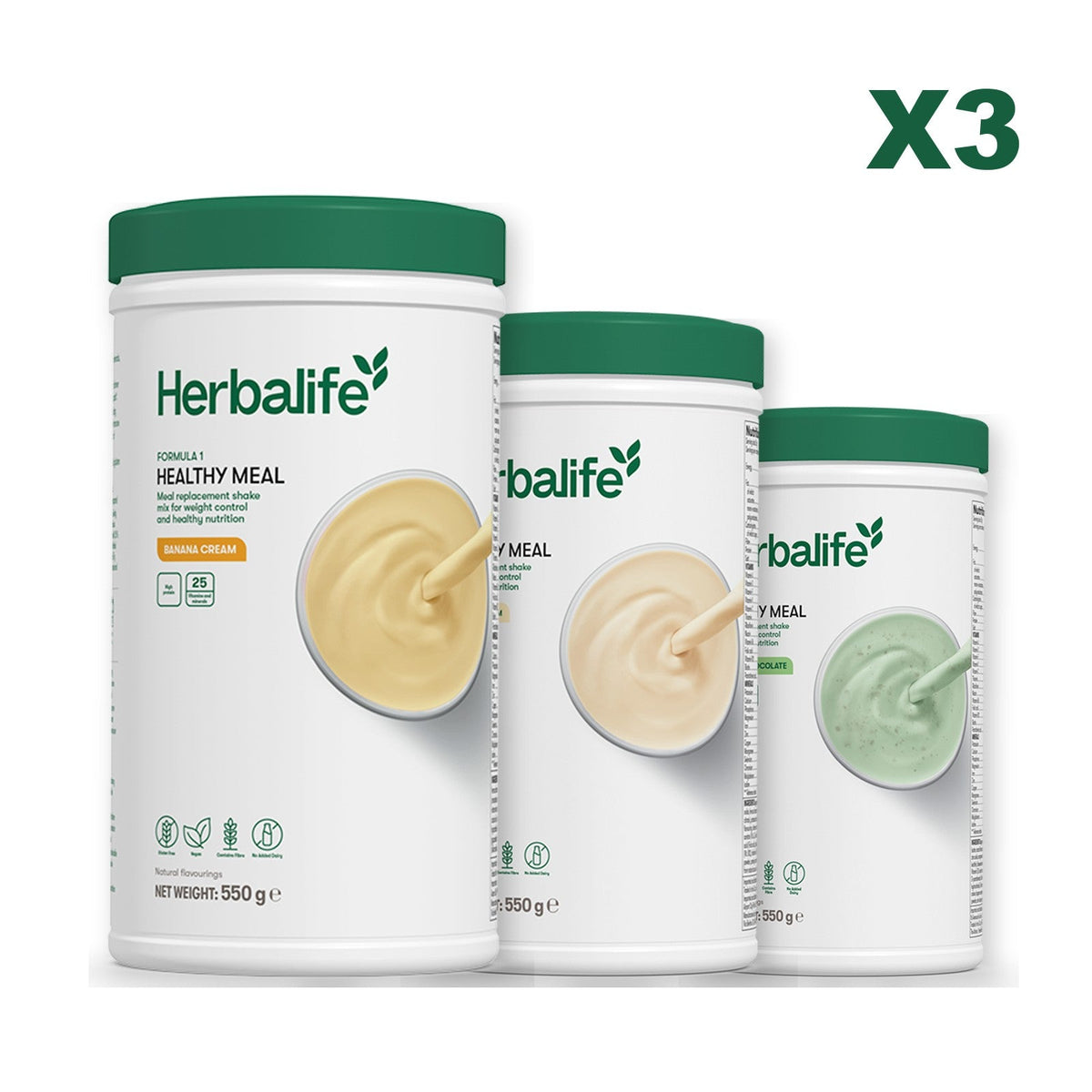 Three Formula 1 shake tubs led by Banana Cream, plus two flavours you choose, Vanilla / Mint Chocolate