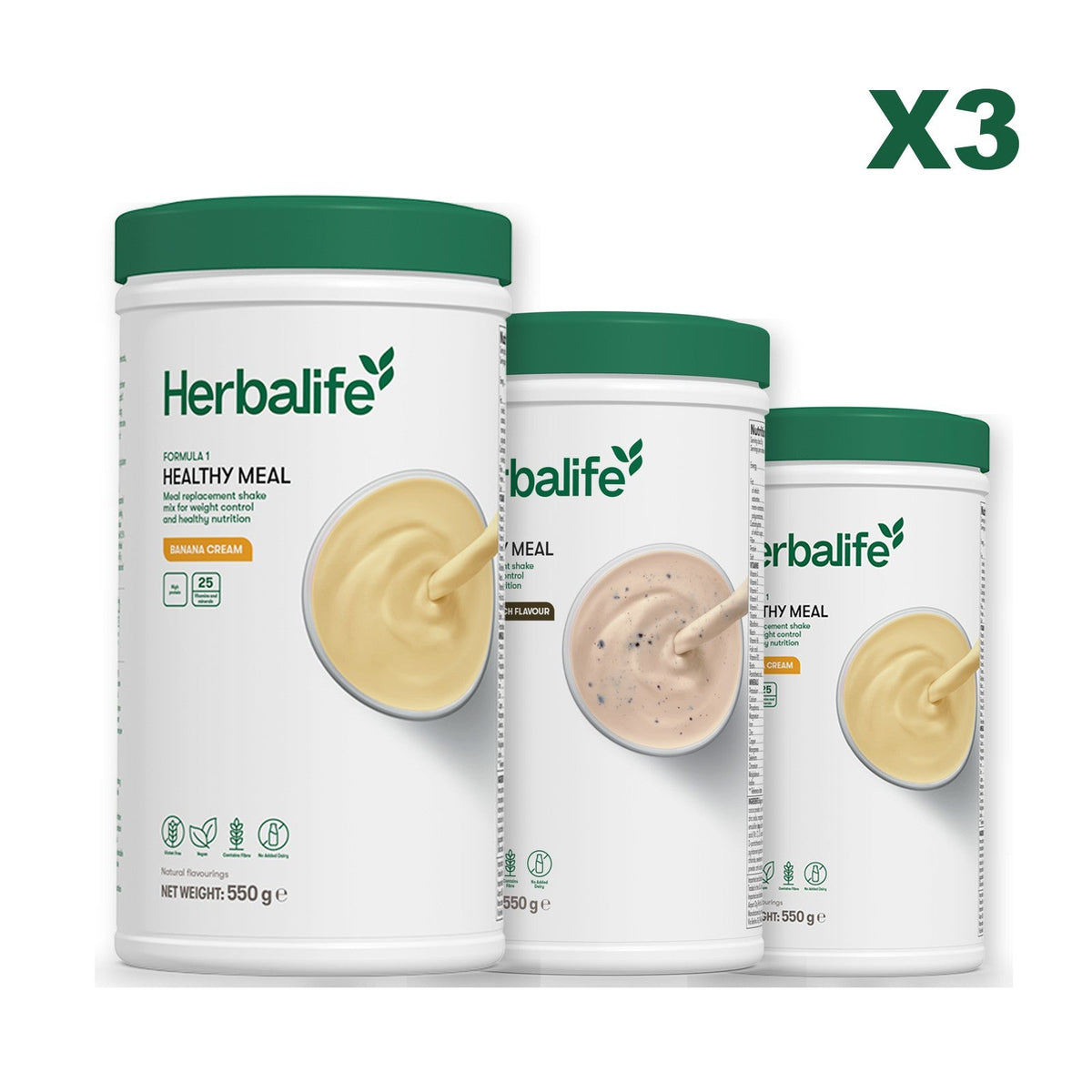 Three Formula 1 shake tubs led by Banana Cream, plus two flavours you choose, Cookie Crunch / Banana Cream