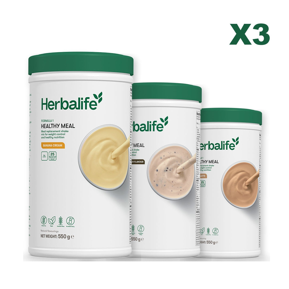 Three Formula 1 shake tubs led by Banana Cream, plus two flavours you choose, Cookie Crunch / Cafe Latte