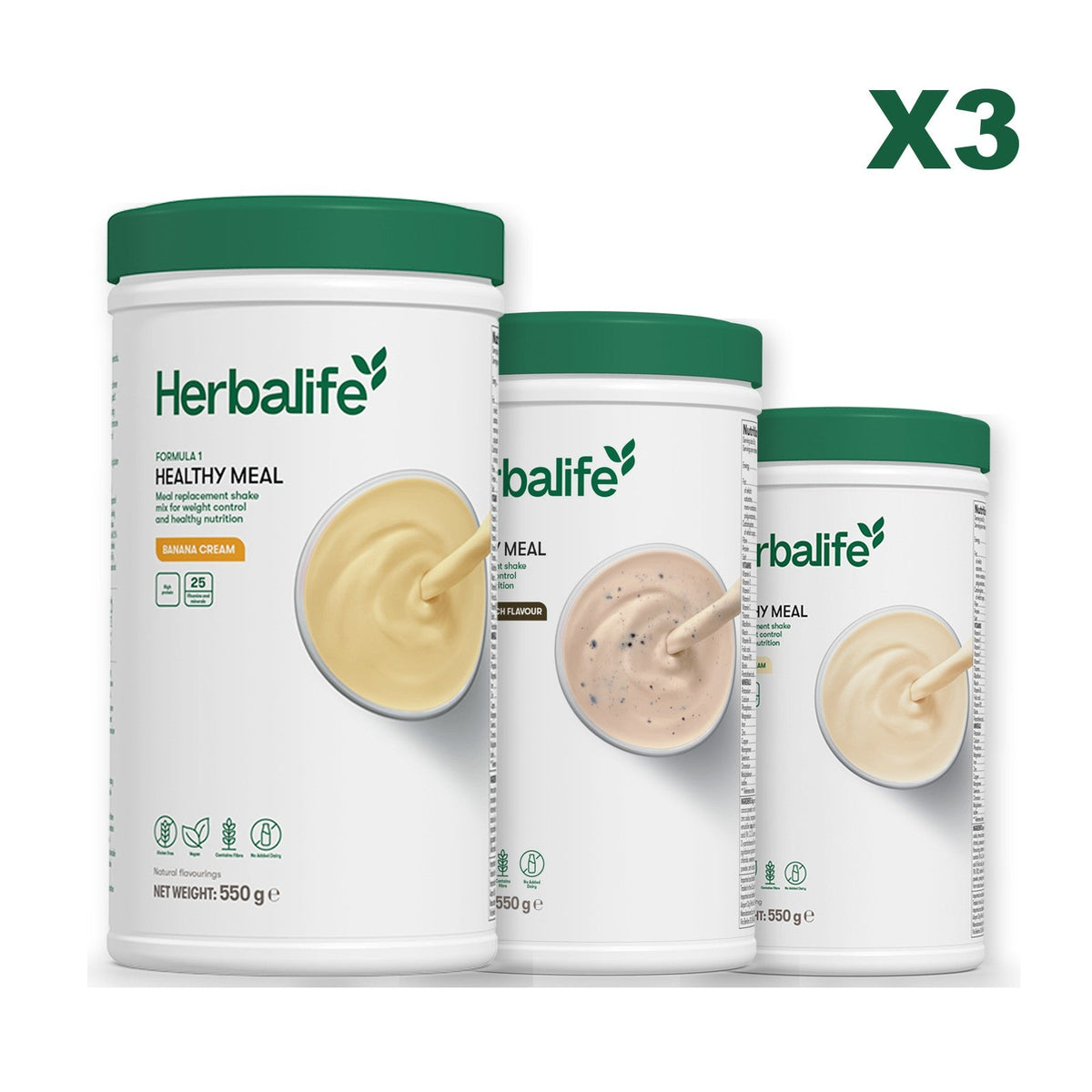 Three Formula 1 shake tubs led by Banana Cream, plus two flavours you choose, Cookie Crunch / Vanilla
