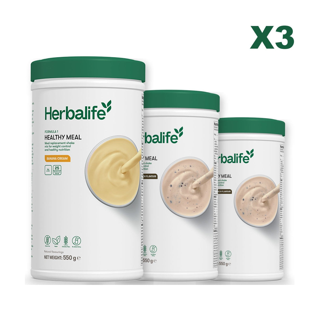 Three Formula 1 shake tubs led by Banana Cream, plus two flavours you choose, Cookie Crunch / Cookie Crunch