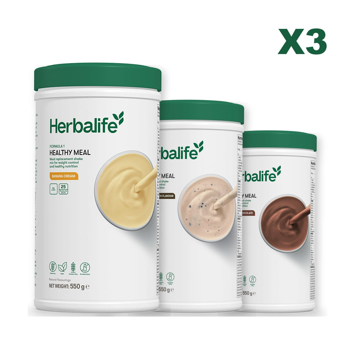 Three Formula 1 shake tubs led by Banana Cream, plus two flavours you choose, Cookie Crunch / Chocolate