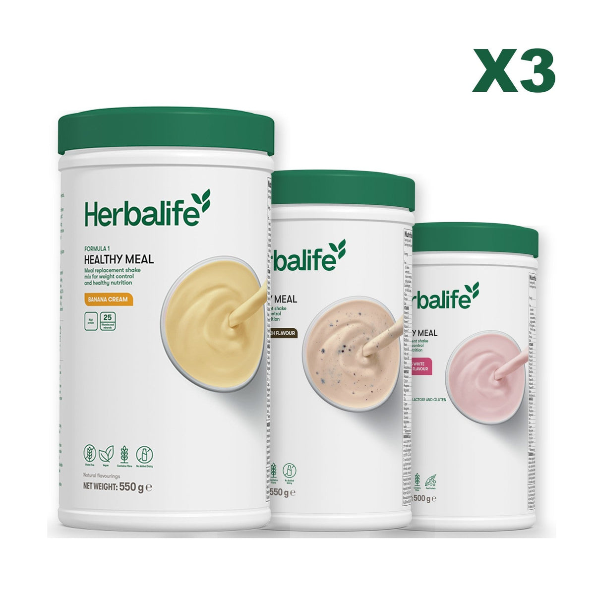 Three Formula 1 shake tubs led by Banana Cream, plus two flavours you choose, Cookie Crunch / Free From Raspberry & White Chocolate