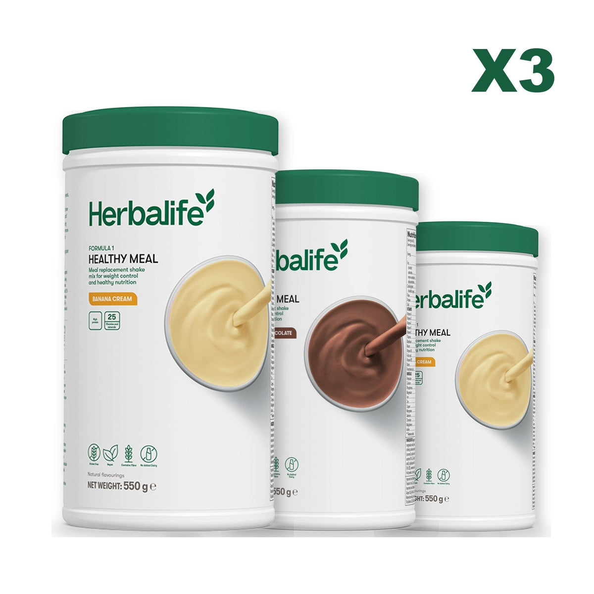 Three Formula 1 shake tubs led by Banana Cream, plus two flavours you choose, Chocolate / Banana Cream