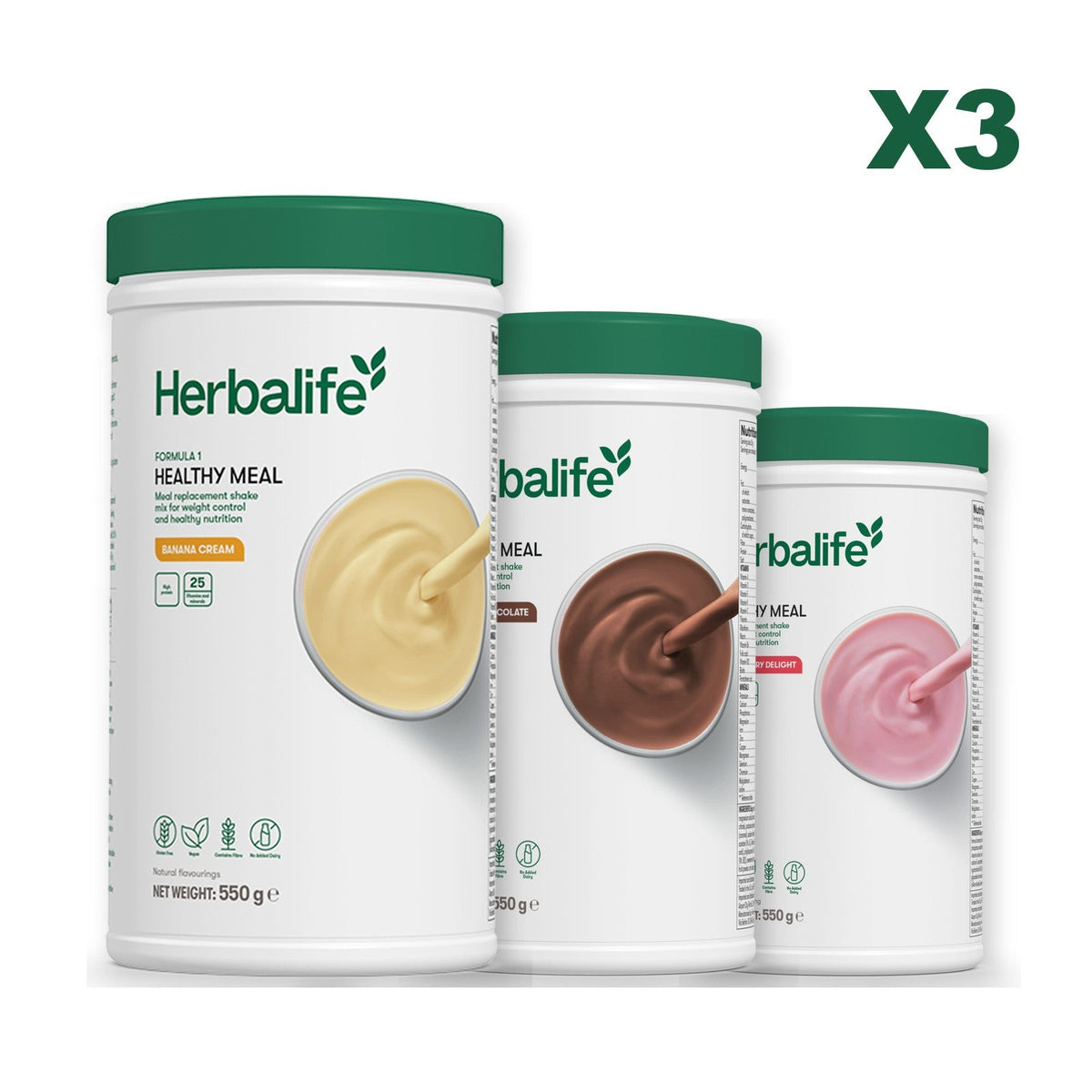 Three Formula 1 shake tubs led by Banana Cream, plus two flavours you choose, Chocolate / Strawberry